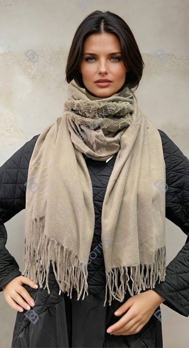 Eșarfă cu blăniță ecologică pe centru și franjuri decorative, bej [2]