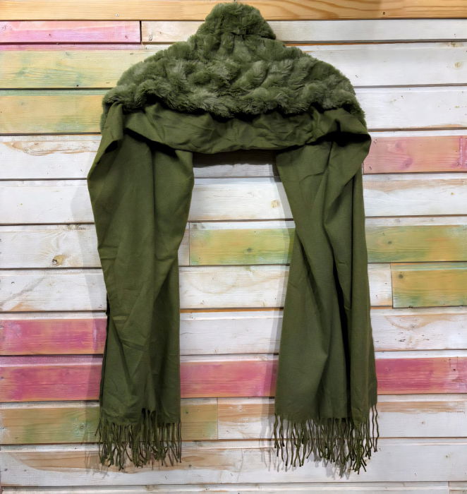 Eșarfă cu blăniță ecologică pe centru și franjuri decorative, kaki [3]