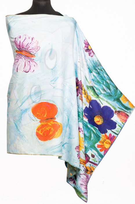 Esarfa cu doua fete, din matase, cu imprimeu pisica cu ochi mari pe fond pastel [2]