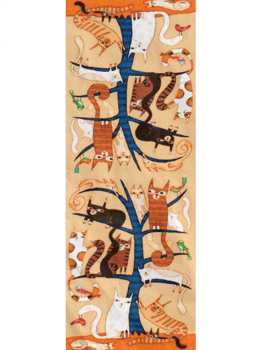 Esarfa cu doua fete, din matase, cu imprimeu diferite pisici in copac pe fond camel [4]