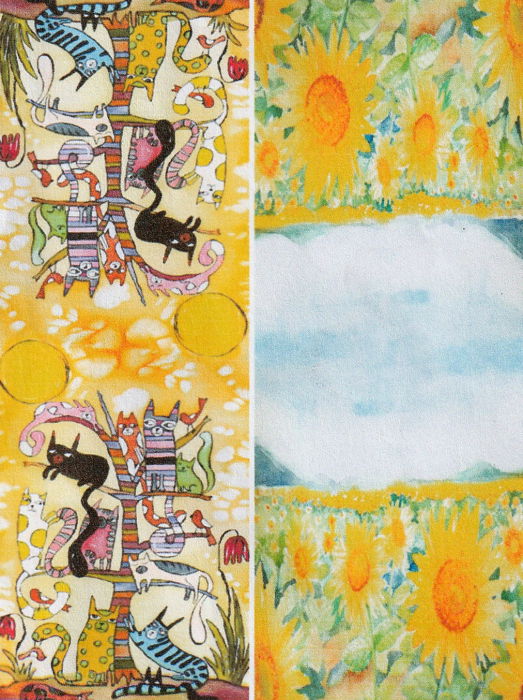 Esarfa cu doua fete, din matase, cu imprimeu diferite pisici in copac si floarea soarelui [4]