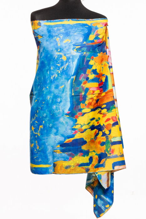 Esarfa cu doua fete, din matase, cu imprimeu pisici si soare in nuante de albastru [2]