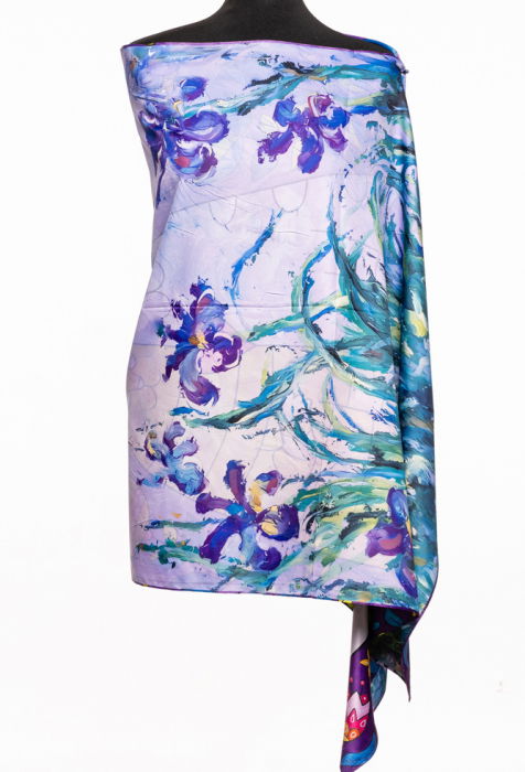 Esarfa cu doua fete, din matase, cu imprimeu doua pisici imbratisate in nuante de mov [2]