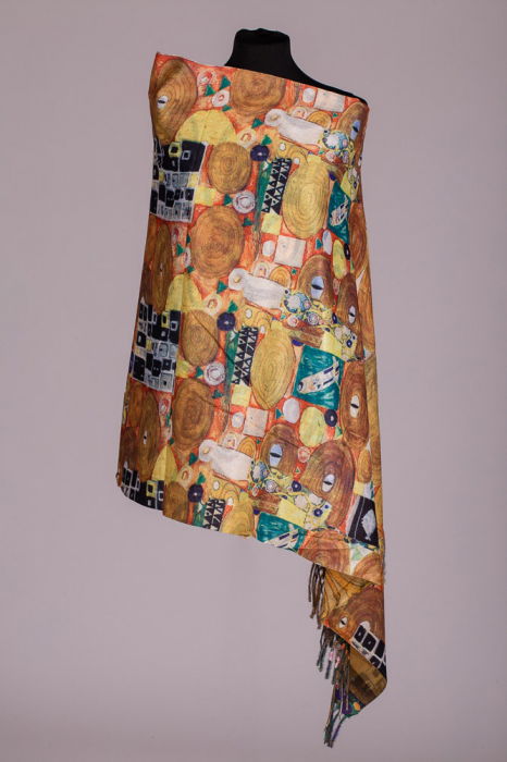 Esarfa cu doua fete imprimata  cu reproducere dupa " Pomul Vietii '' - Gustav Klimt, material tip cashmere [2]