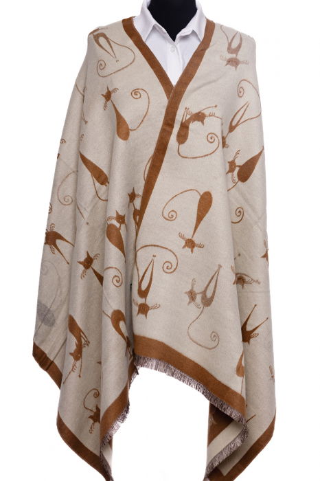 Esarfa din casmir cu dubla fata cu pisici stilizate cu bej si alb [2]