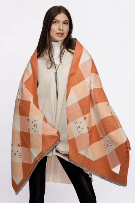 Esarfa mare din casmir cu dubla fata in carouri cu pisici stilizate, portocaliu si alb [3]