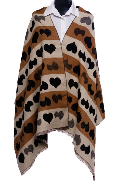Esarfa din casmir cu dubla fata imperimeu cu inimi albe si camel pe fond negru [2]