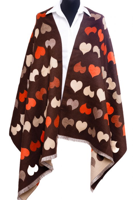 Esarfa din casmir cu dubla fata imperimeu cu inimi pe fond maro [3]