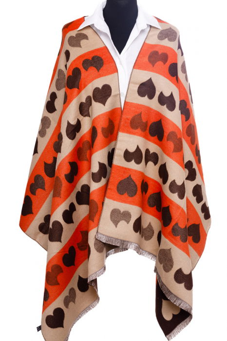 Esarfa din casmir cu dubla fata imperimeu cu inimi pe fond maro [4]