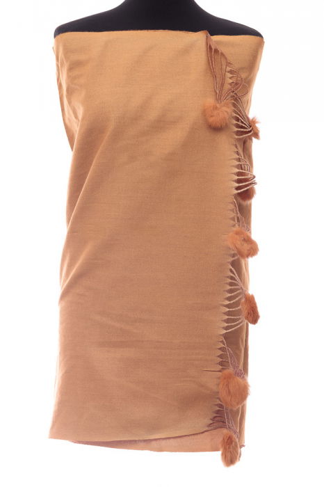 Esarfa din casmir cu fata dubla si ciucuri din blanita naturala, degrade-camel [2]