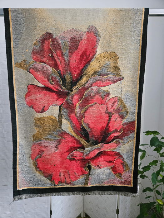 Esarfa din lana si bumbac cu imprimeu floral rosu, gama de lux