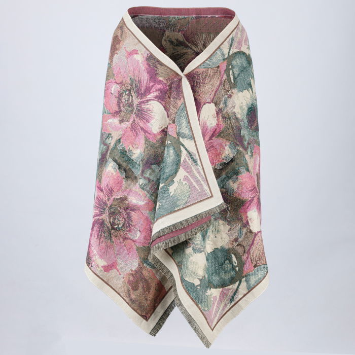 Esarfa din lana si bumbac cu imprimeu floral roz inchis si bej [3]