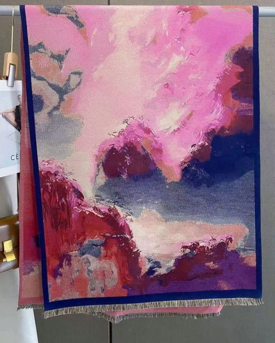 Esarfa din lana si bumbac cu imprimeu abstract roz, fucsia si bleumarin