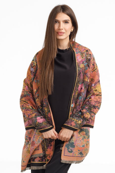 Esarfa din lana si bumbac cu imprimeu floral cu mov, galben si negru