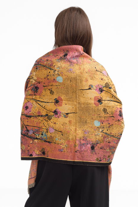 Esarfa din lana si bumbac cu imprimeu floral cu mov, galben si negru [2]