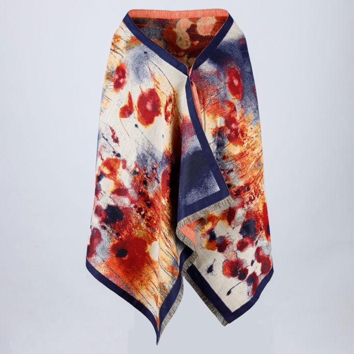 Esarfa din lana si bumbac cu imprimeu vibrant maci rosii cu bej si bleumarin [3]