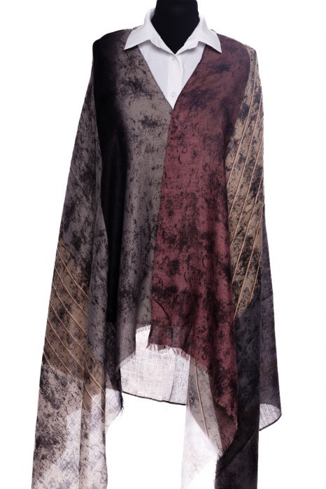 Esarfa din vascoza cu joc de linii si forme geometrice in nuante de corai, galben si gri [3]