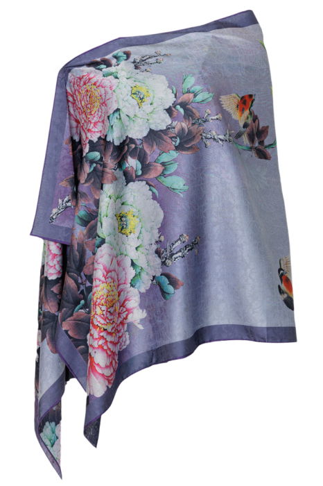 Esarfa dreptunghiulara cu doua fete, din matase, cu imprimeu floral pe fond mov [2]