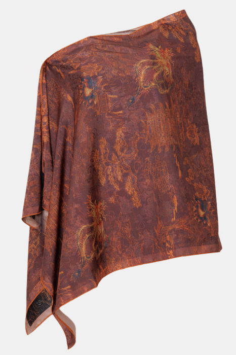 Esarfa dreptunghiulara cu doua fete, din matase, cu imprimeu oriental cu lotusi in nuante galben auriu [2]