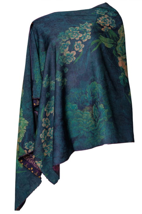 Esarfa dreptunghiulara cu doua fete, din matase, cu imprimeu floral pe fond mov si verde [2]