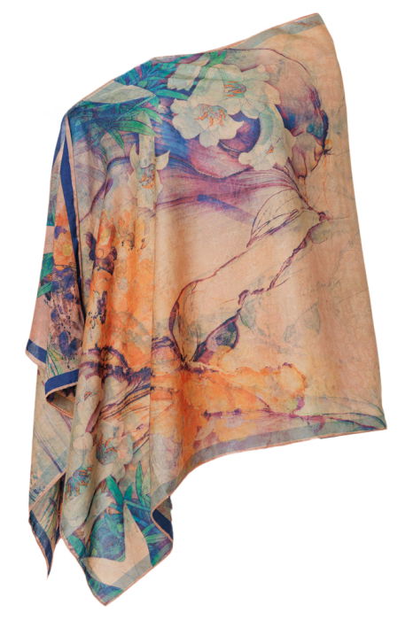 Esarfa dreptunghiulara cu doua fete, din matase, cu imprimeu floral pastelat in nuante de mov si portocaliu [2]