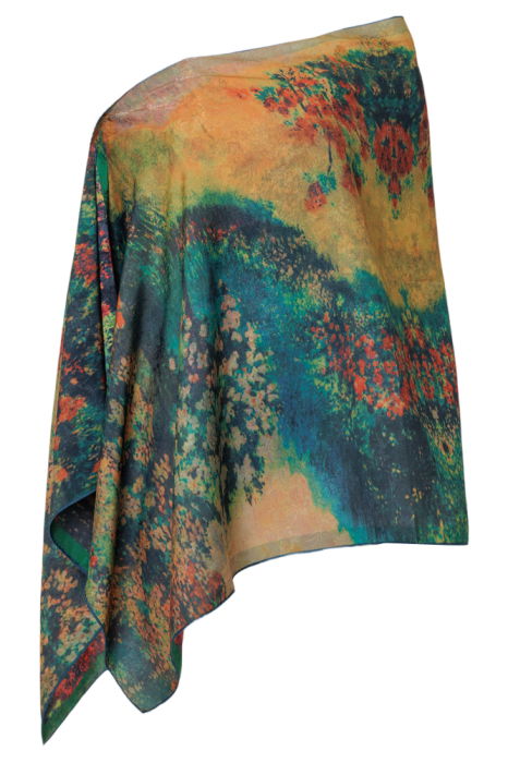 Esarfa dreptunghiulara cu doua fete, din matase, cu imprimeu vegetal in nuante de verde, rosu si galben auriu [2]
