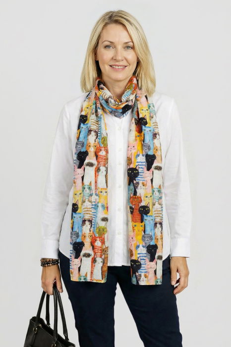 Esarfa dreptunghiulara cu doua fete, din matase, cu pisici multicolore [1]