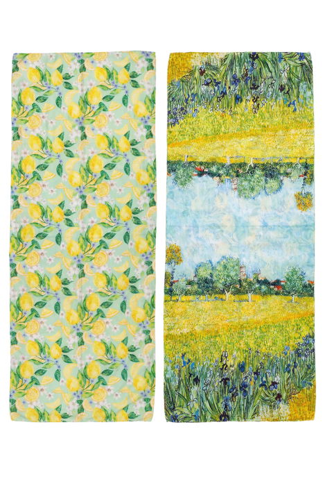 Esarfa dreptunghiulara cu doua fete, din matase, cu imprimeu fresh cu lamai pe fond verde menta [2]