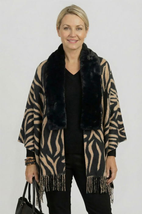 Esarfa eleganta cu blanita ecologica pe centru si franjuri decorativi, imprimeu negru si camel