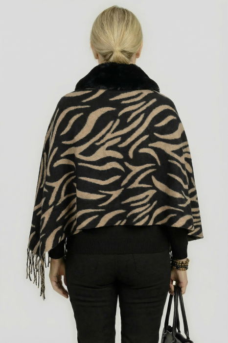 Eșarfă eleganta cu blăniță ecologică pe centru și franjuri decorativi, imprimeu negru si camel [2]