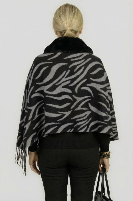 Eșarfă eleganta cu blăniță ecologică pe centru și franjuri decorativi, imprimeu negru si gri [2]