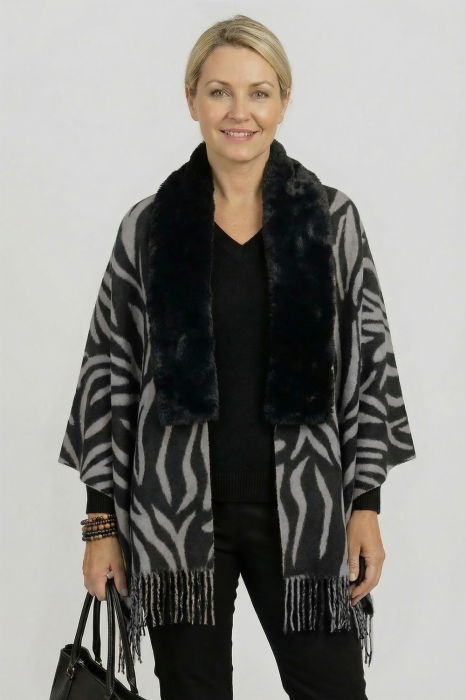 Esarfa eleganta cu blanita ecologica pe centru si franjuri decorativi, imprimeu negru si gri