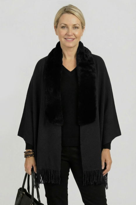 Esarfa eleganta cu blanita ecologica pe centru si franjuri, neagra