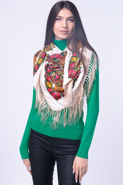 Esarfa gipsy patrata mare, tip Pavlovo Posad cu imprimeu floral traditional pe fond alb [3]