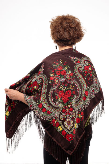 Esarfa gipsy patrata mare, tip Pavlovo Posad cu imprimeu floral traditional pe fond maroniu [3]
