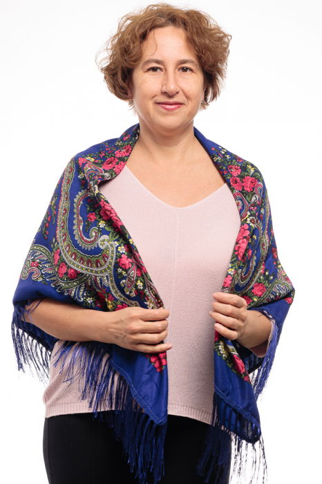 Esarfa gipsy patrata mare, tip Pavlovo Posad cu imprimeu floral traditional pe fond albastru [2]