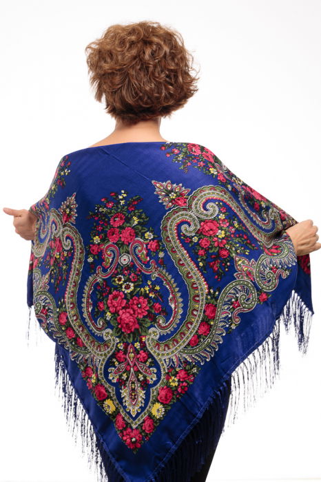 Esarfa gipsy patrata mare, tip Pavlovo Posad cu imprimeu floral traditional pe fond albastru [4]