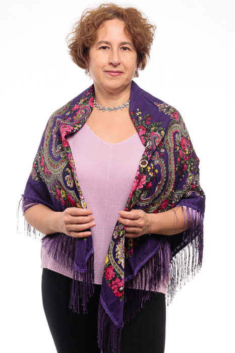 Esarfa gipsy patrata mare, tip Pavlovo Posad cu imprimeu floral traditional pe fond mov [2]