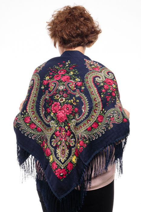 Esarfa gipsy patrata mare, tip Pavlovo Posad cu imprimeu floral traditional pe fond bleumarin inchis [3]