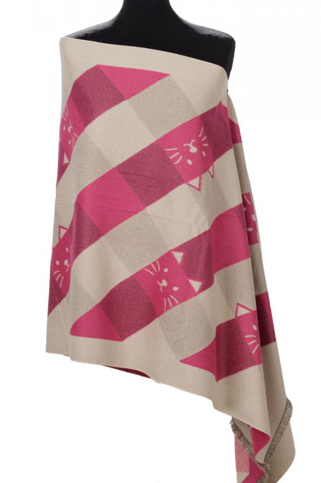 Esarfa mare din casmir cu dubla fata in carouri cu pisici stilizate, fucsia si alb [2]