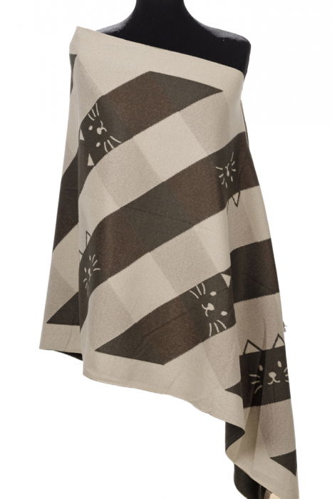 Esarfa mare din casmir cu dubla fata in carouri cu pisici stilizate, kaki si alb [2]