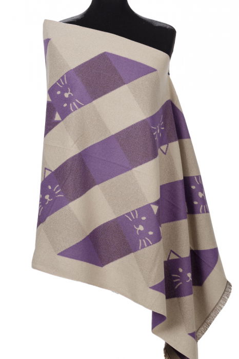 Esarfa mare din casmir cu dubla fata in carouri cu pisici stilizate, mov si alb [2]