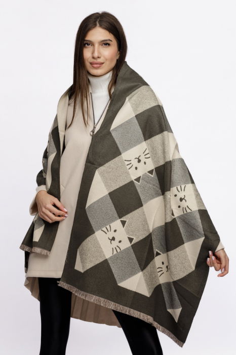 Esarfa mare din casmir cu dubla fata in carouri cu pisici stilizate, kaki si alb [3]
