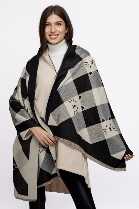Esarfa mare din casmir cu dubla fata in carouri cu pisici stilizate, negru si alb [3]