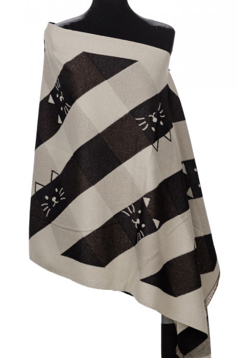 Esarfa mare din casmir cu dubla fata in carouri cu pisici stilizate, negru si alb [2]