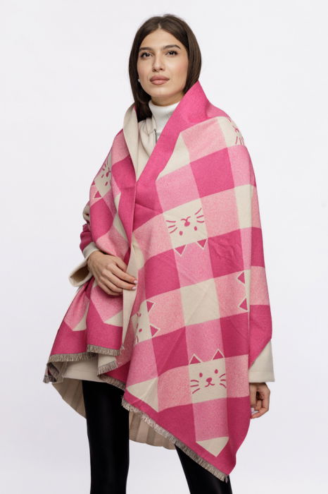 Esarfa mare din casmir cu dubla fata in carouri cu pisici stilizate, fucsia si alb [3]