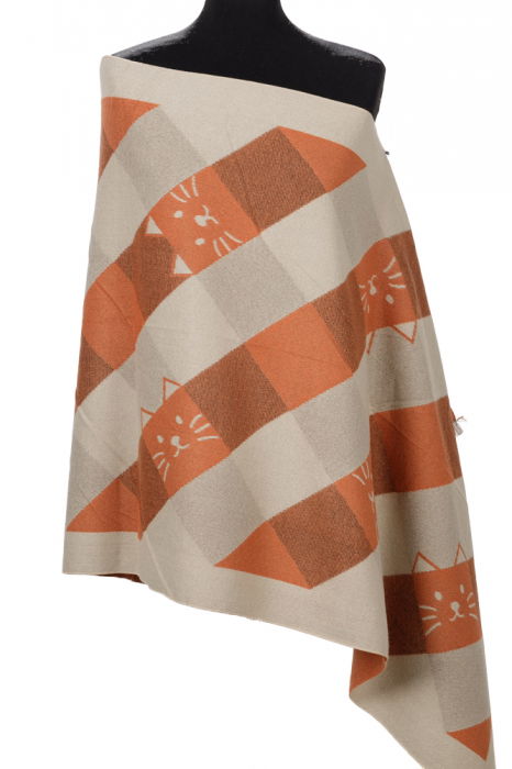 Esarfa mare din casmir cu dubla fata in carouri cu pisici stilizate, portocaliu si alb [2]