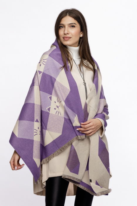 Esarfa mare din casmir cu dubla fata in carouri cu pisici stilizate, mov si alb [3]