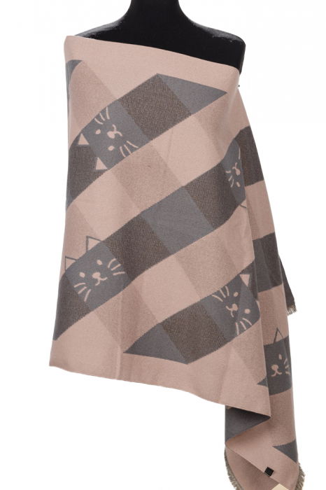 Esarfa mare din casmir cu dubla fata in carouri cu pisici stilizate, roz si gri [2]