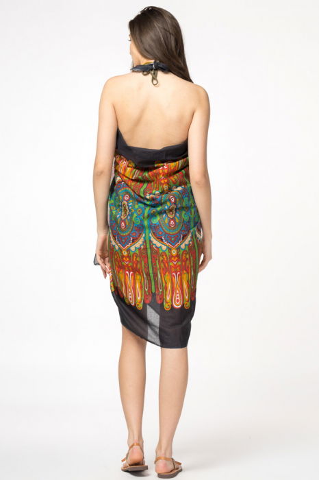 Esarfa mare dreptunghiulara tip pareo, cu imprimeu multicolor pe fond negru, din bumbac [3]